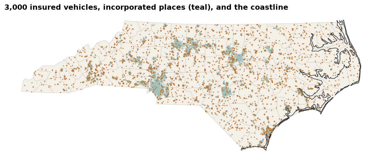 Map of North Carolina counties with incorporated places shaded teal, the coastline in dark ink, and 3,000 insured vehicles as small amber dots concentrated around Charlotte, the Triangle, and the Triad