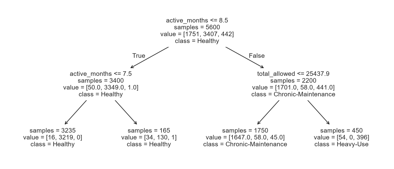 Depth-two decision tree diagram splitting on active months and then total allowed