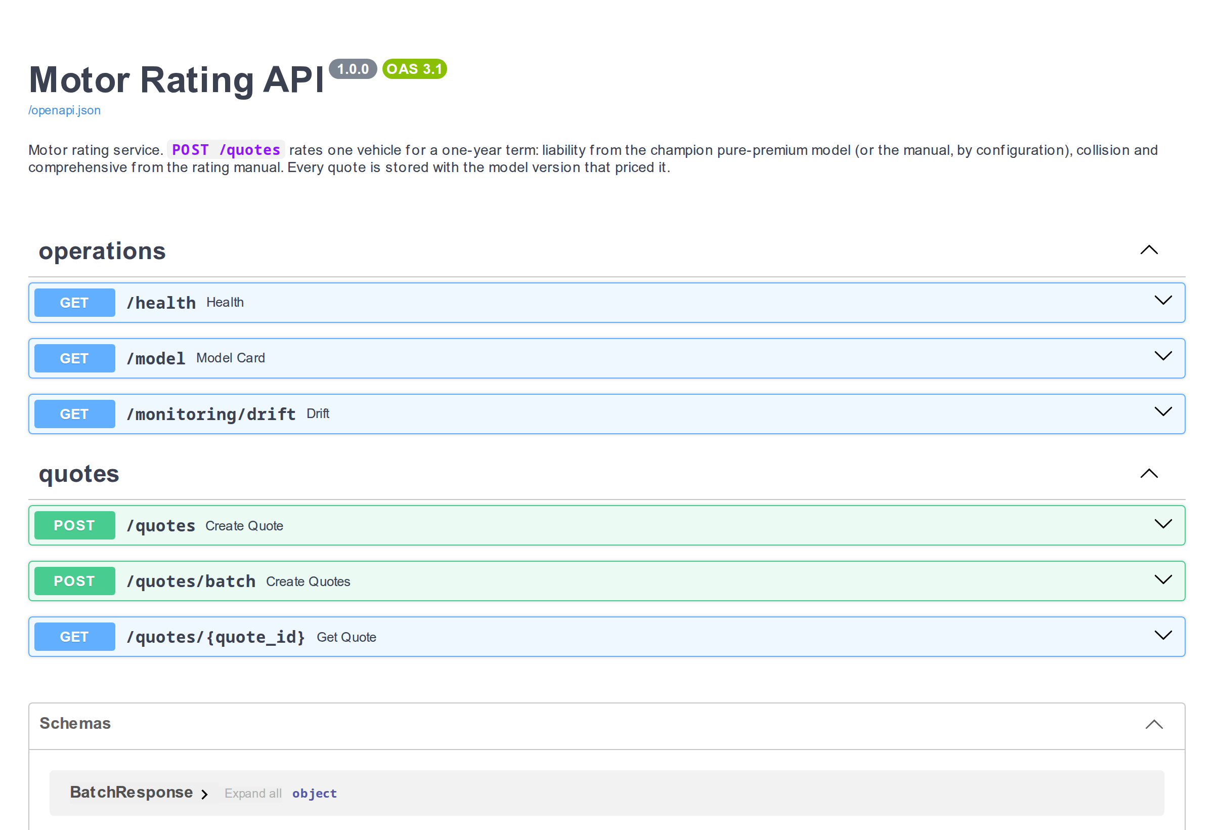 The Swagger UI for the Motor Rating API version 1.0.0: operations GET /health, GET /model, GET /monitoring/drift; quotes POST /quotes, POST /quotes/batch, GET /quotes/{quote_id}